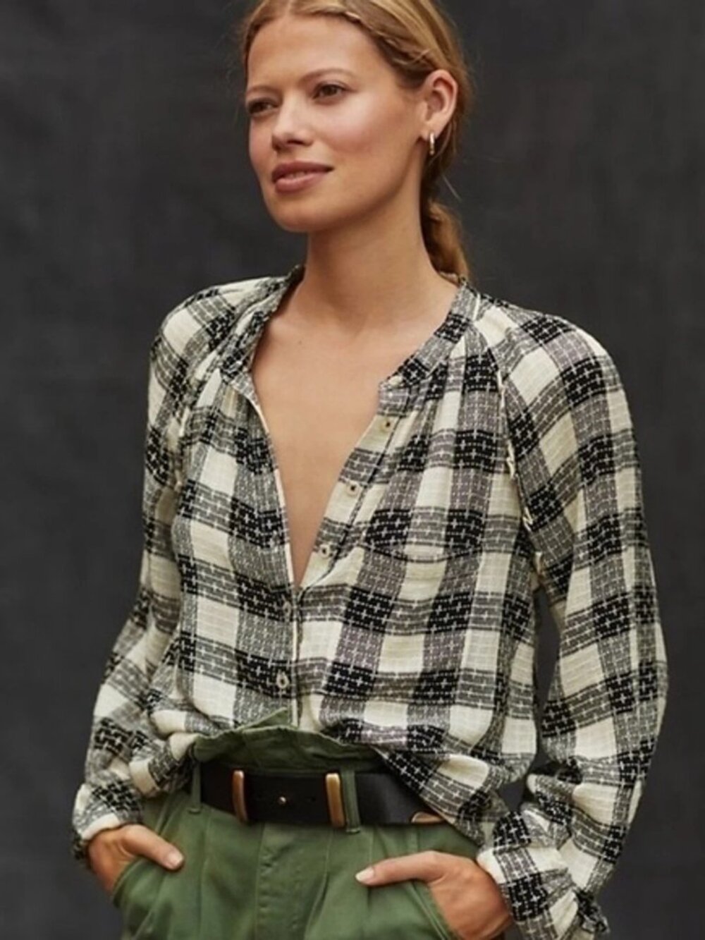 Anthropologie Pilcro Breezy Plaid Long-Sleeve Button-Down Shirt in Black/White S